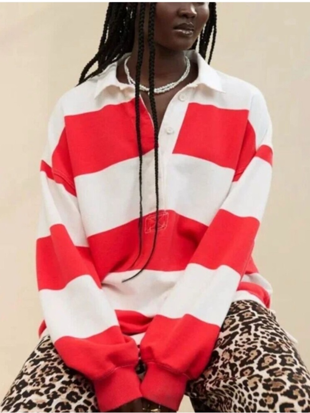 aerie Red and White Striped Long Sleeve Rugby Shirt
